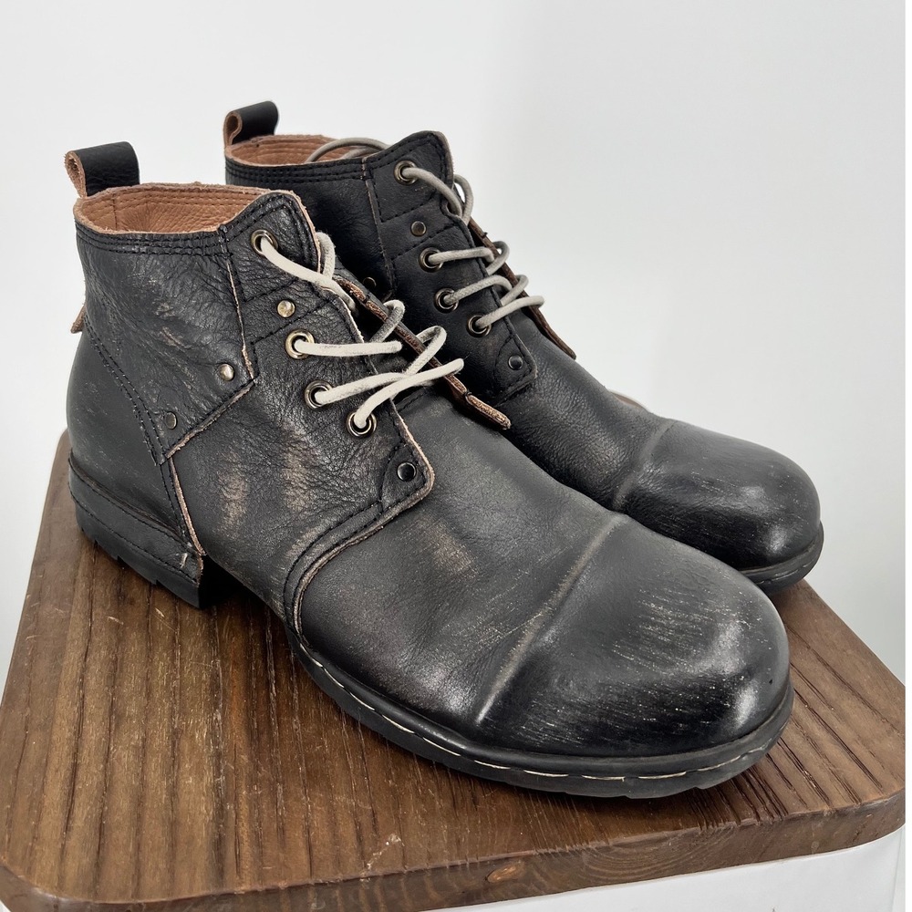 OSSTONE Moto Boots Men Retro Black Leather Lace Up Cap Toe Boots 6015-2 9.5